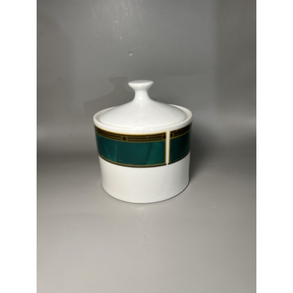 Emerald 8821 Stoneware Sugar Bowl Jar with Lid Green Gold Band Dishwasher Safe